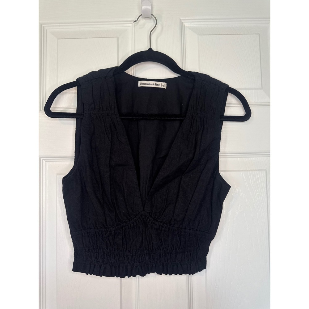 Abercrombie & Fitch Womens Black Smocked V-Neck Pleated Sleeveless Crop Top S